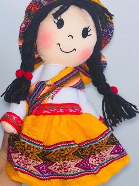 Handmade Yellow Peruvian-Style Cloth Doll for Kids